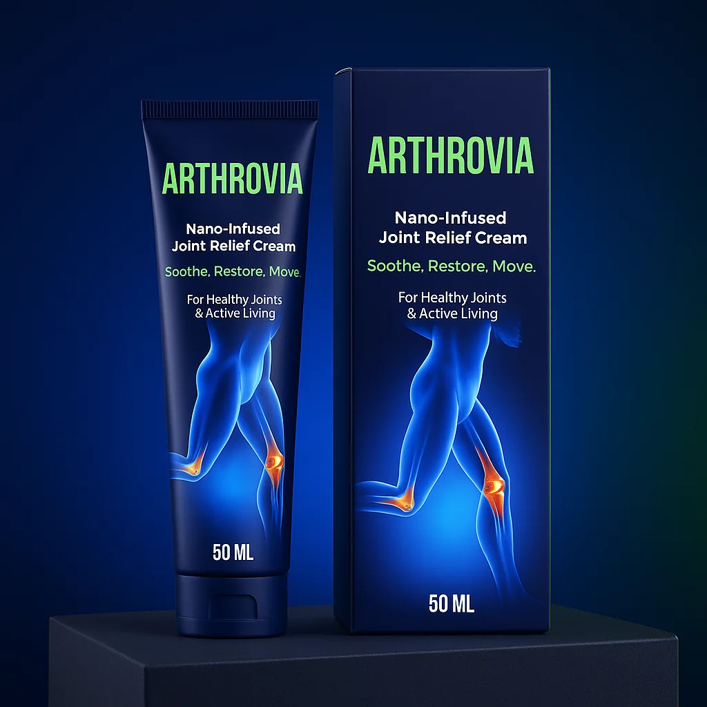 Crema per articolazioni Arthrovia, tubo da 50 ml e astuccio su fondo blu scuro da studio