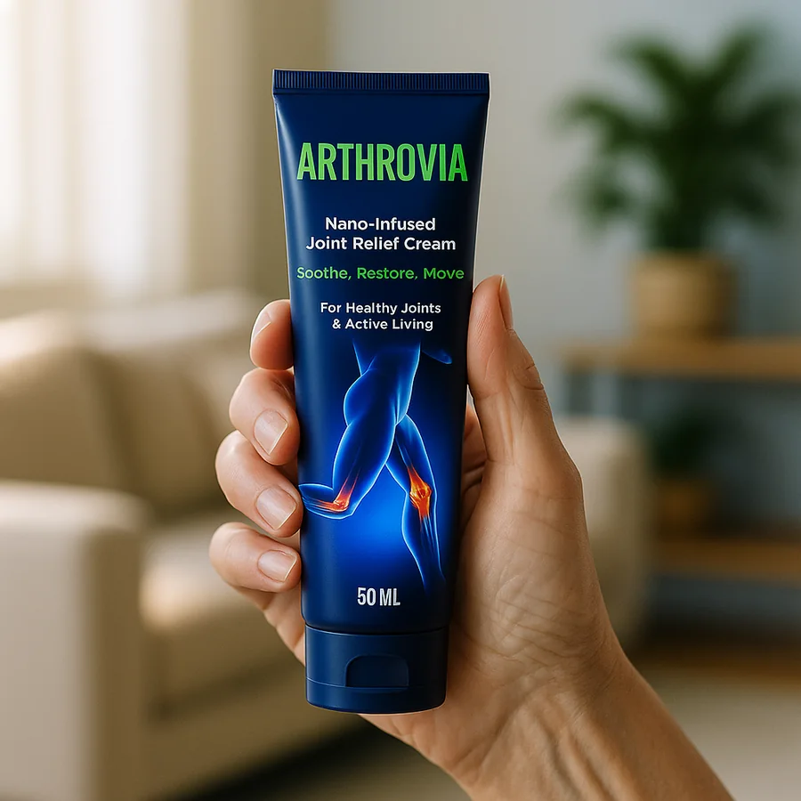 Mano di donna tiene il tubo di crema per articolazioni Arthrovia in salotto