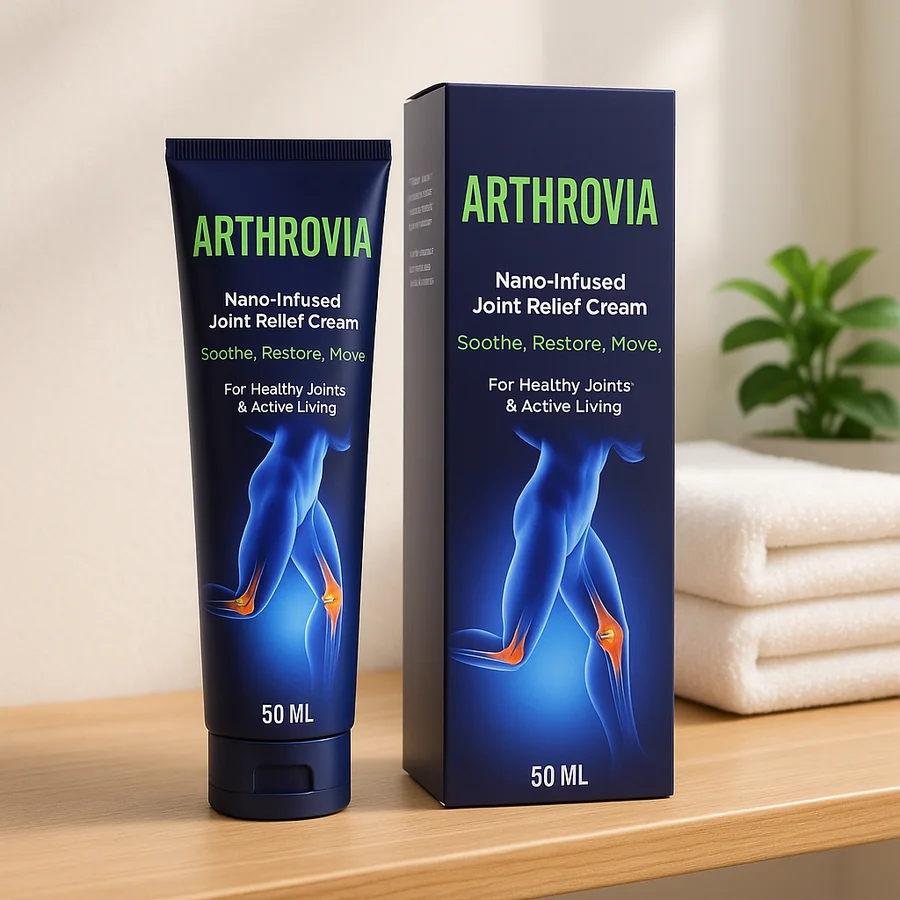 Tubo e astuccio Arthrovia su una mensola del bagno accanto a un asciugamano e una pianta